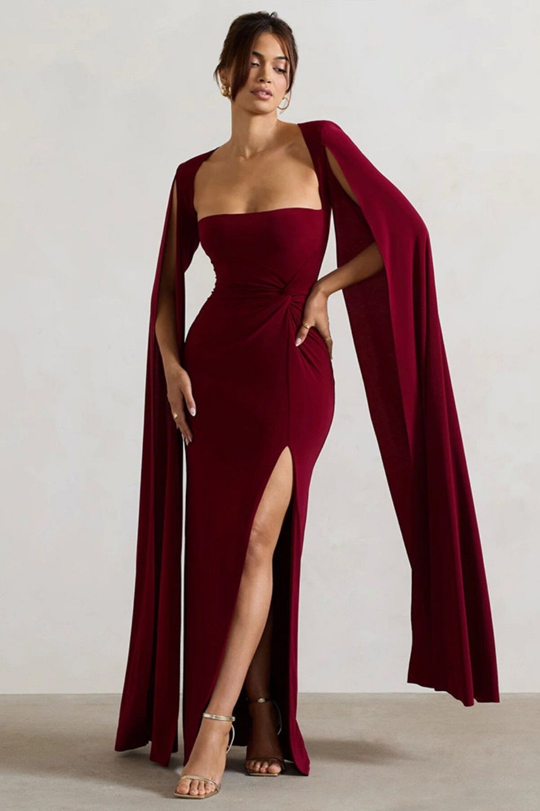 Cross-border Amazon 2024 New Dress Square Neck Floor-length Long-sleeved High Slit Solid Color Sexy Dress