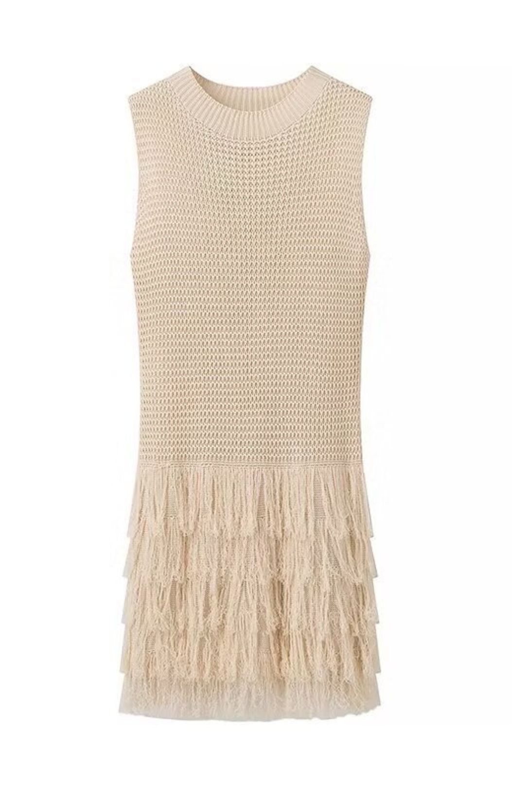 Solid Color Tassel Hollow Knitted Round Neck Sleeveless Casual Dress