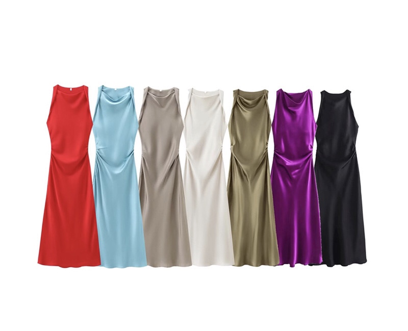 Silk Satin Texture Midi Sleeveless Slim Casual Dress
