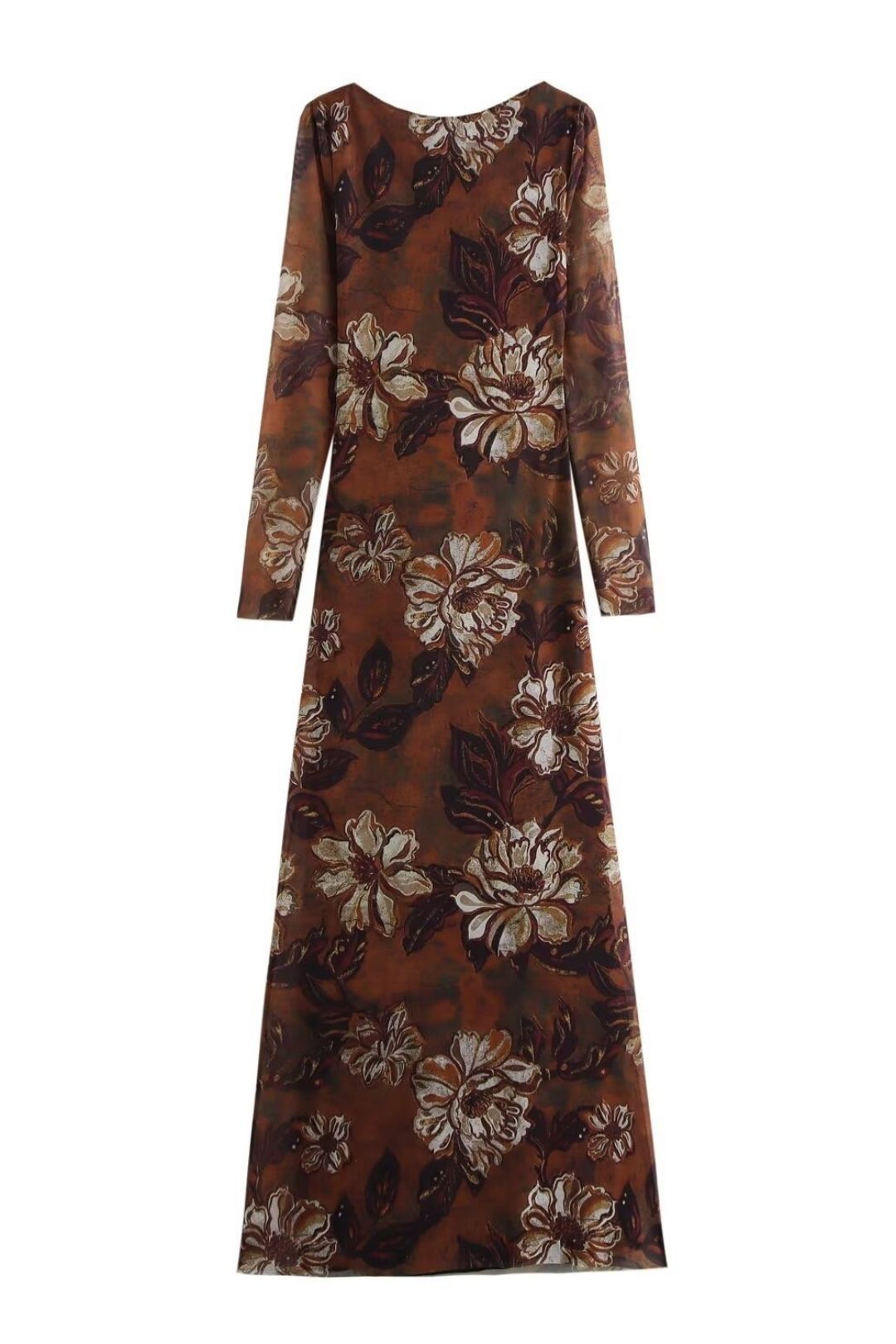 Waist Printed Silk Mesh One-word Collar Long Dress