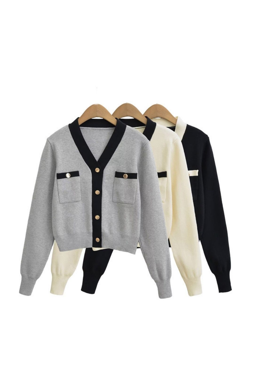 Metal Buckle Contrasting V-neck Knitted Cardiga