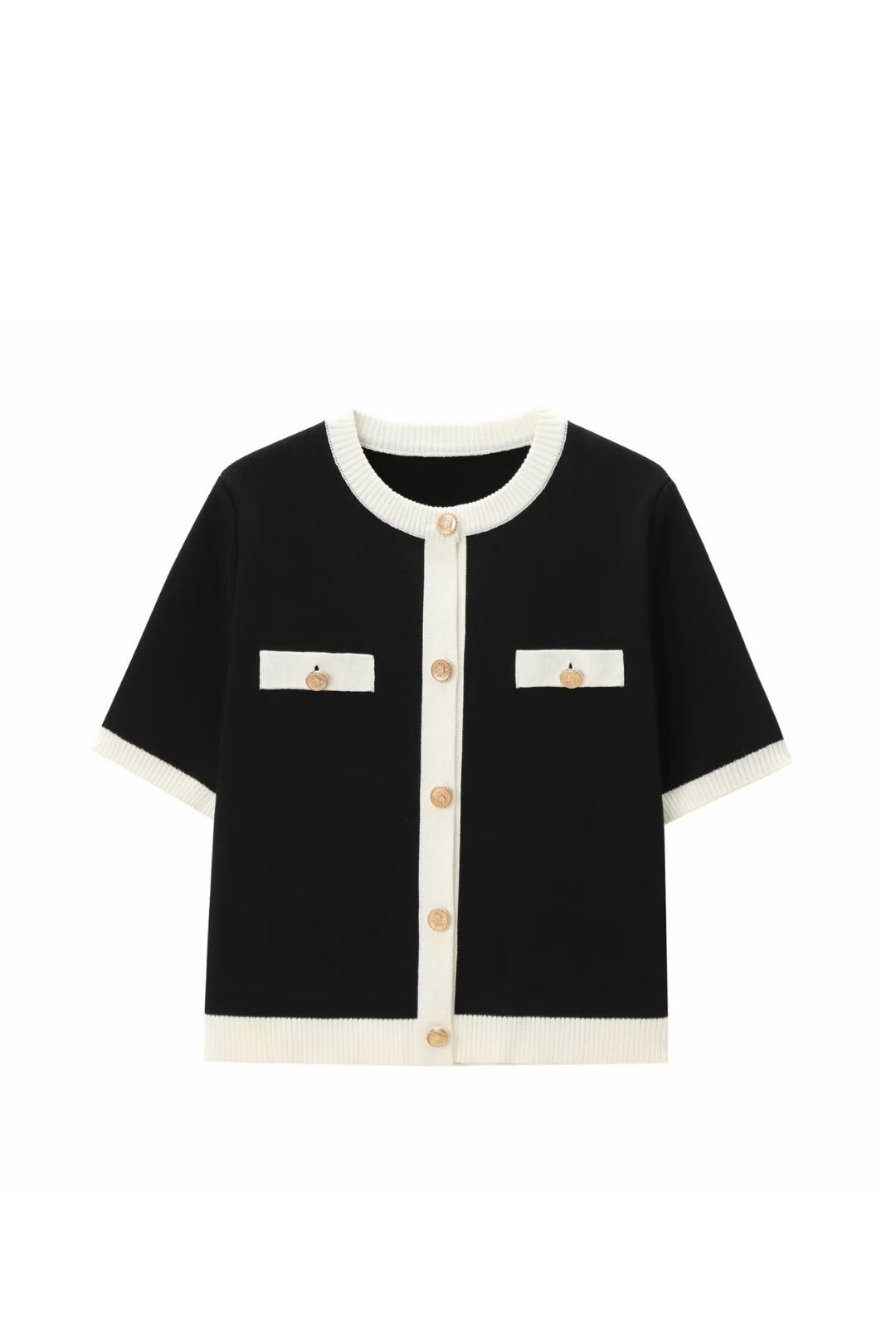 Fashionable Contrasting Color Round Neck Short-sleeved Knitted Cardigan
