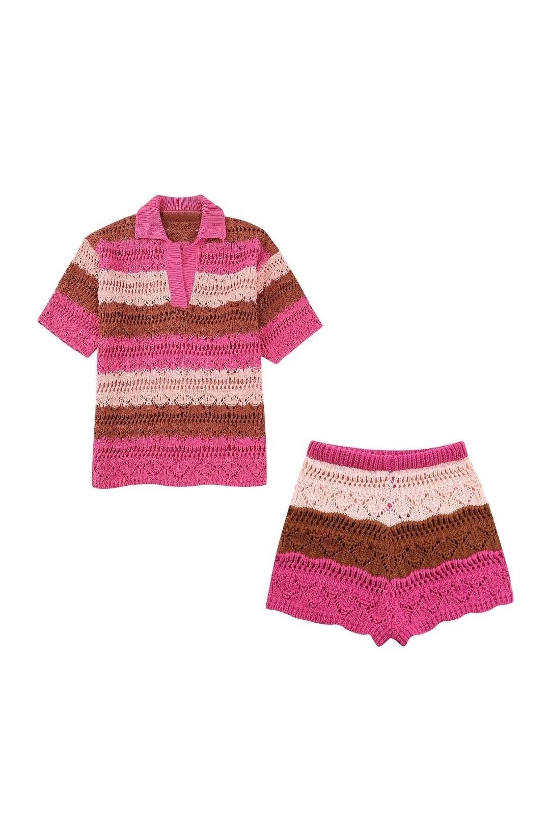Striped Large Size Knitted Polo Shirt Shorts