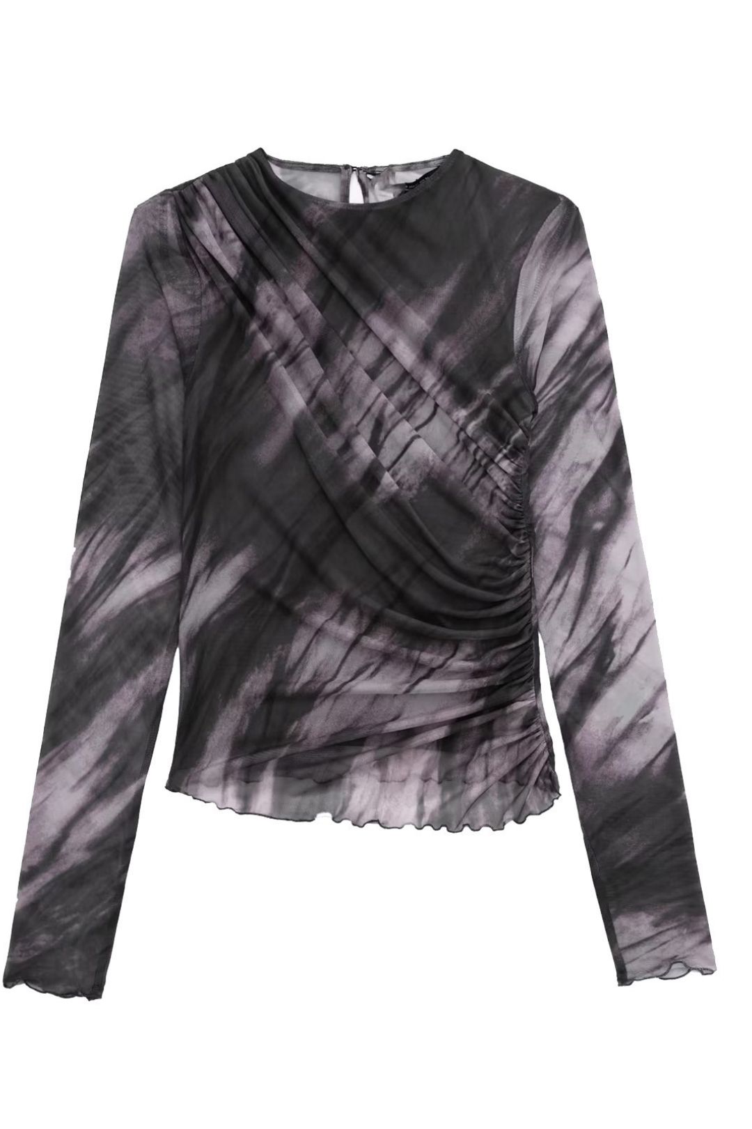 Casual Pleated Decorative Printed Tulle Top