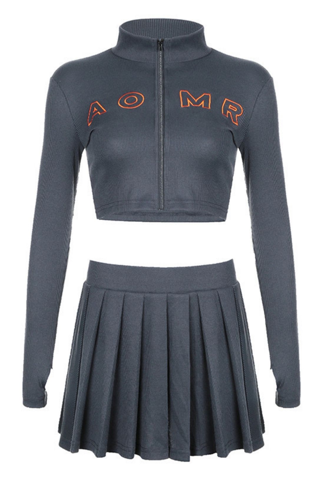 Letters Contrasting Color Zipper Top Pleated Skirt Suit Short Skirt Two-piece Set