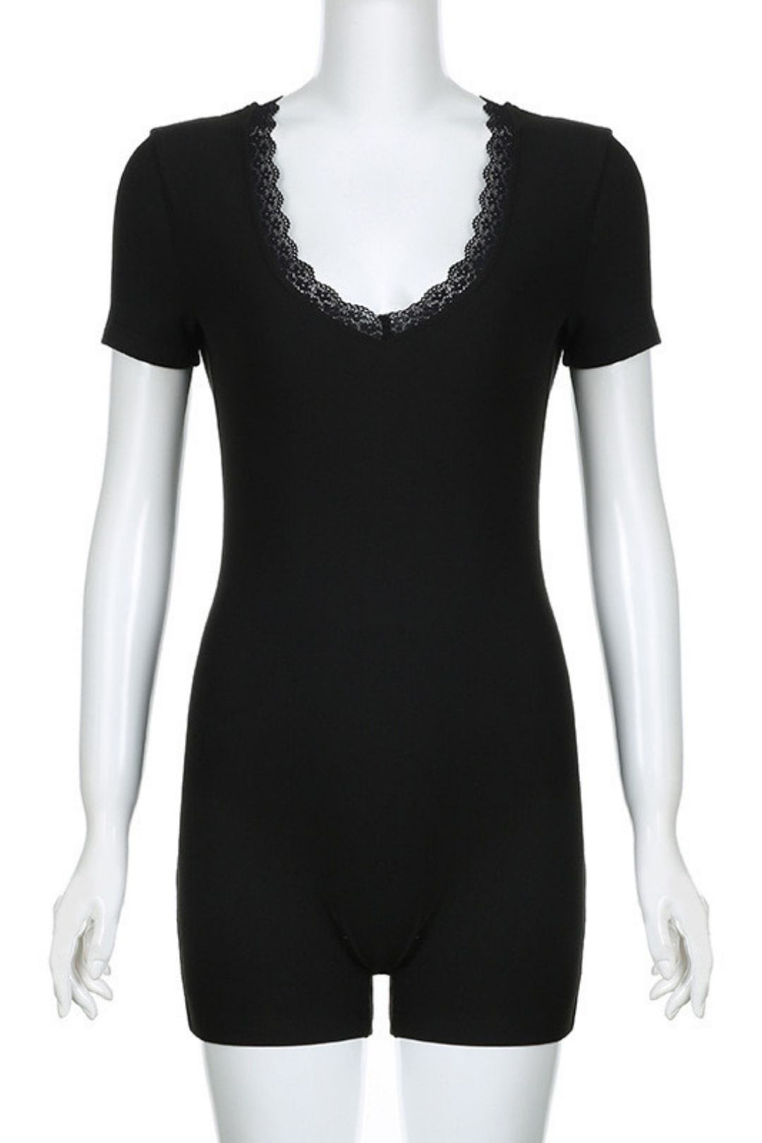 Lace Splicing V-neck Personalized Street Spring And Summer Tight Short-sleeved Jumpsuit