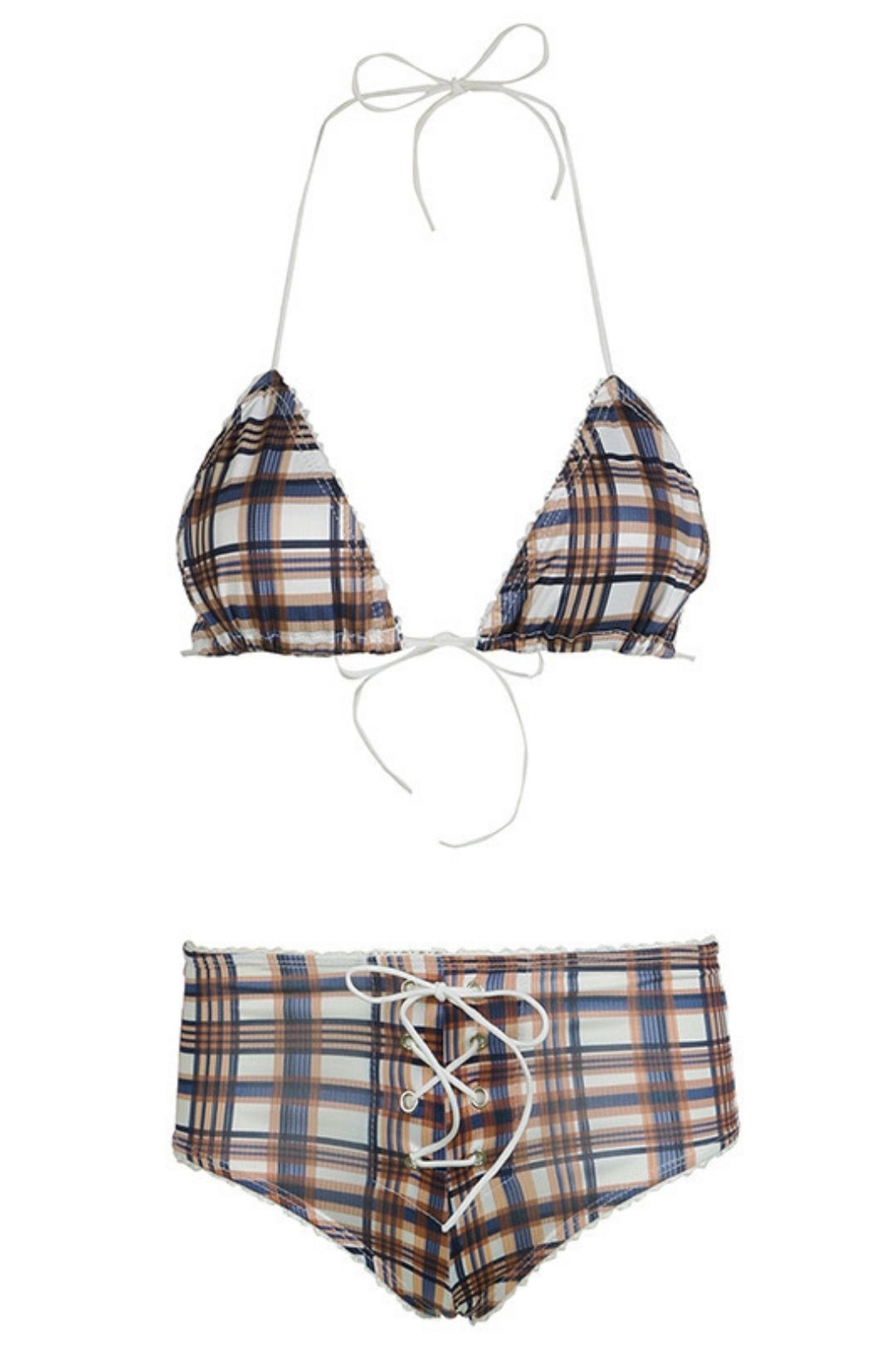 Swimwear Bikini Plaid Print Stitching Straps Halter Bra Triangle Cup Shorts Set