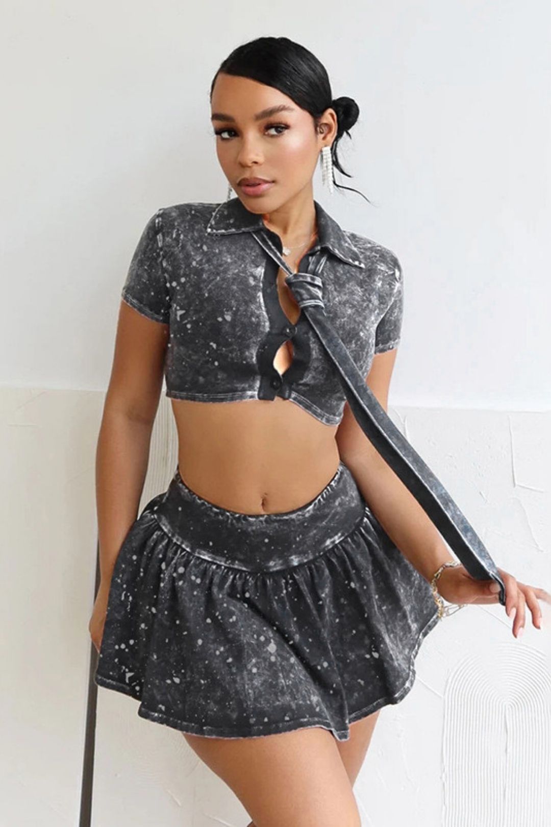 Shirt Tie Top Navel Revealing Sexy A-Line Skirt Set Two-piece Set