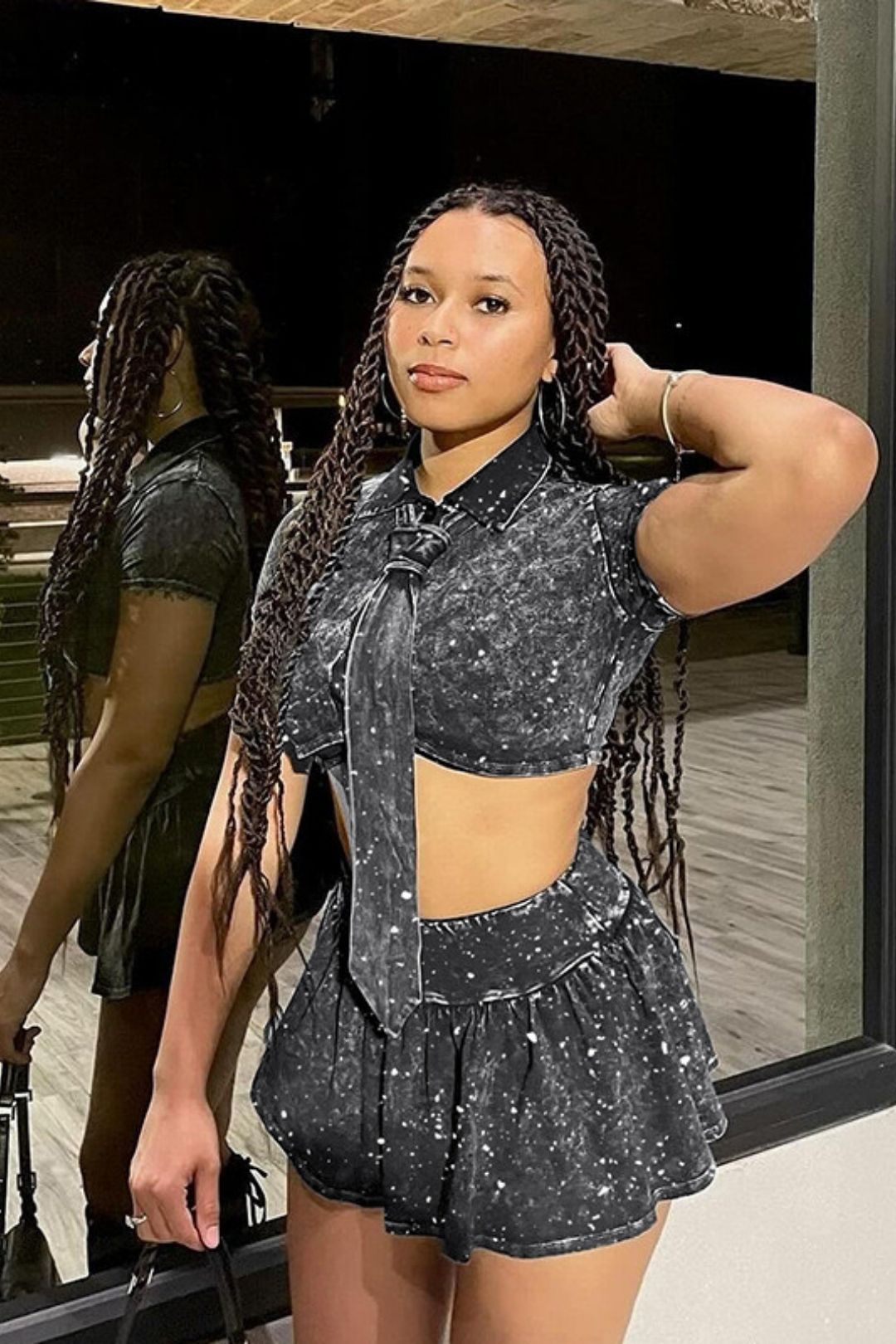 Shirt Tie Top Navel Revealing Sexy A-Line Skirt Set Two-piece Set