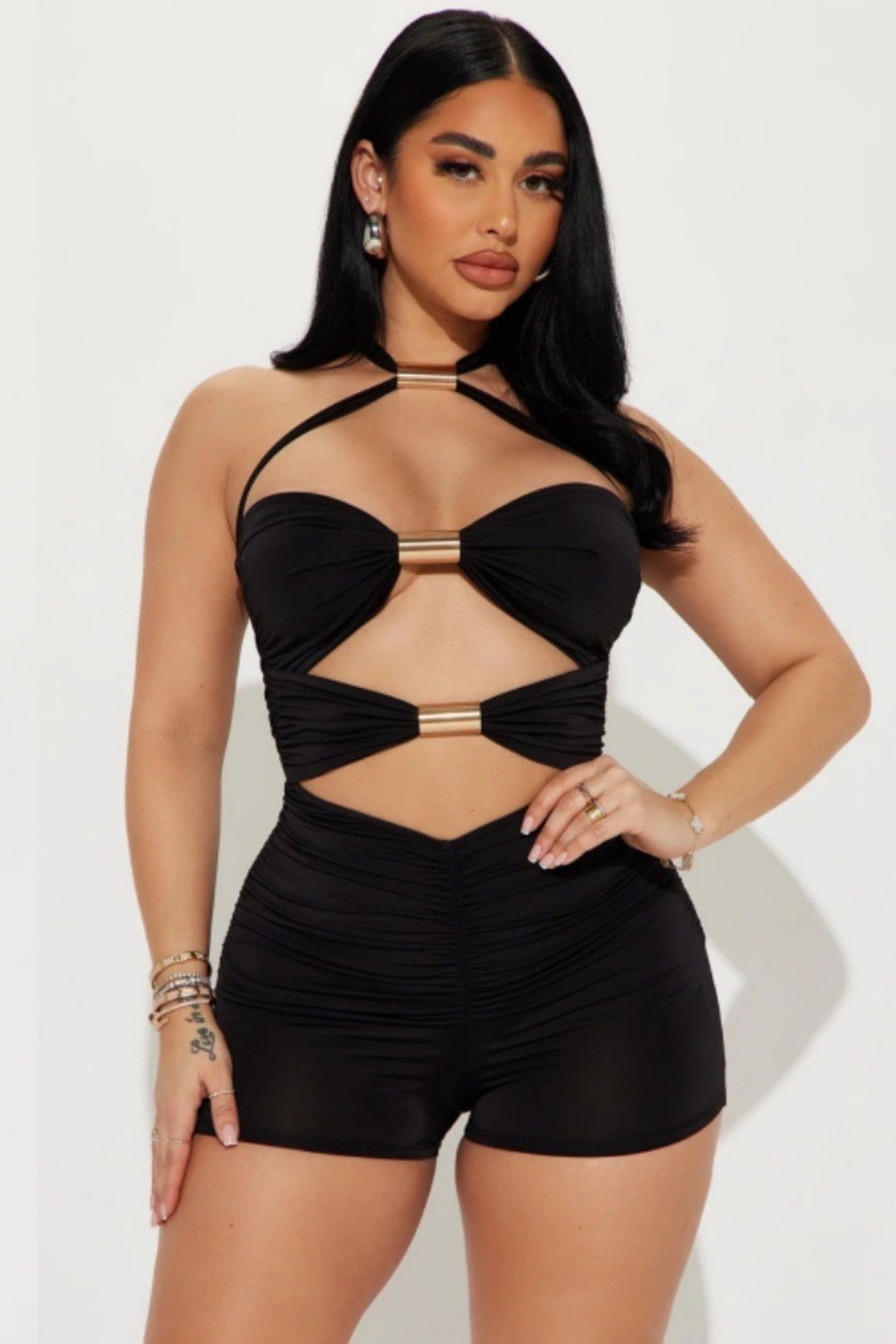 Metal Tube Splicing Contrasting Color Bow Halter Jumpsuit Shorts