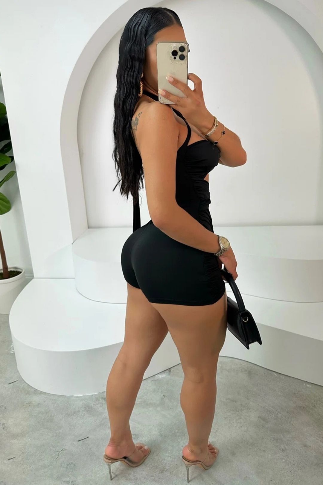 Metal Tube Splicing Contrasting Color Bow Halter Jumpsuit Shorts