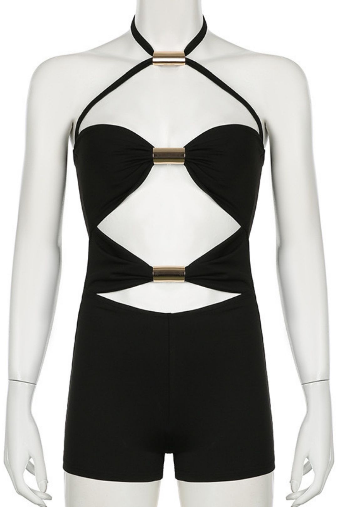 Metal Tube Splicing Contrasting Color Bow Halter Jumpsuit Shorts