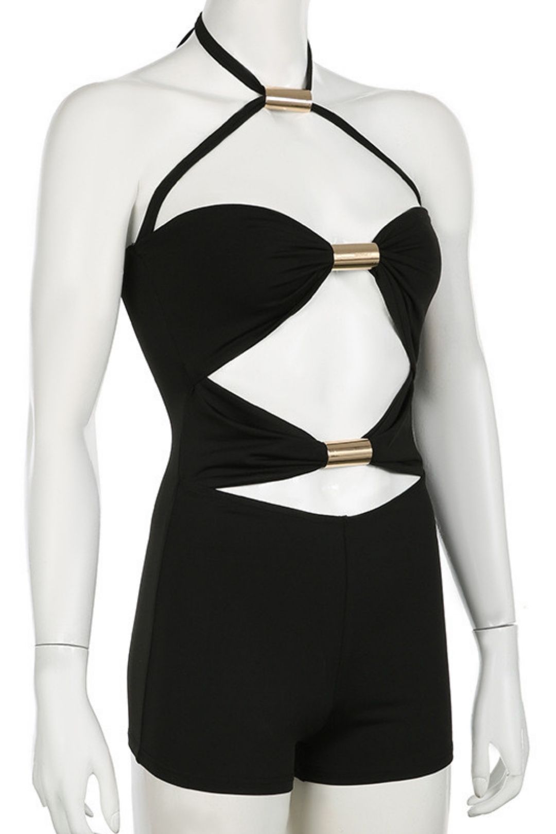 Metal Tube Splicing Contrasting Color Bow Halter Jumpsuit Shorts