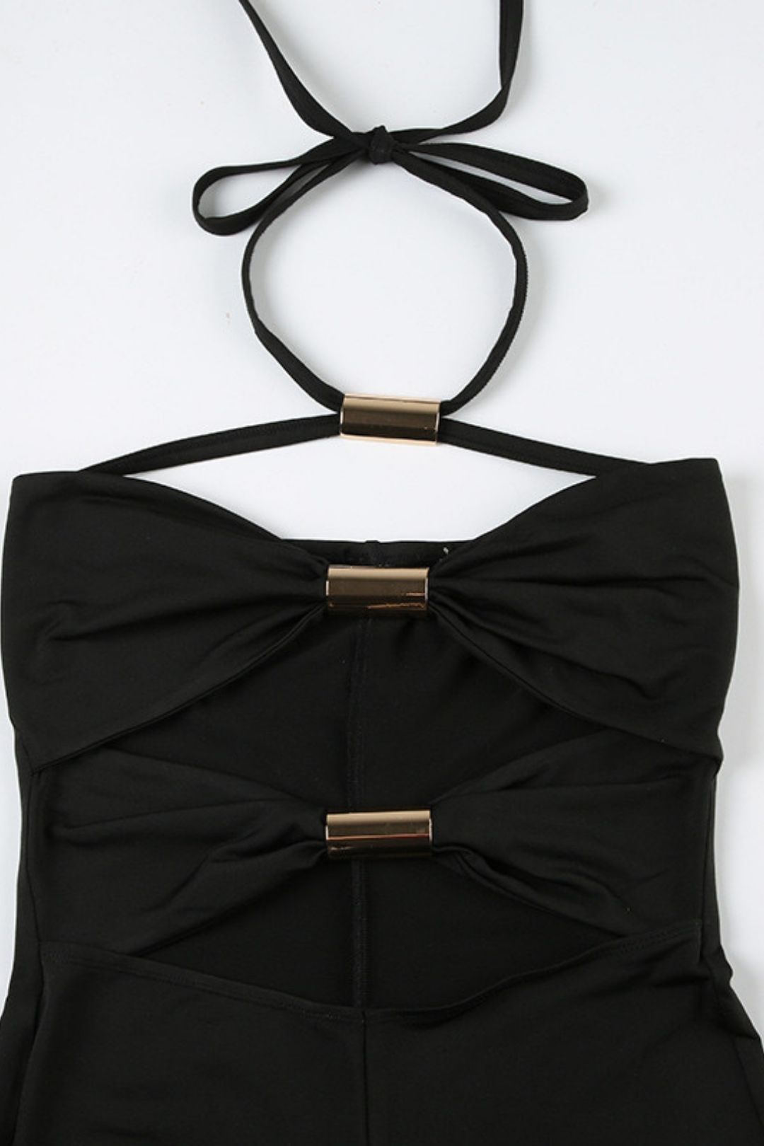 Metal Tube Splicing Contrasting Color Bow Halter Jumpsuit Shorts