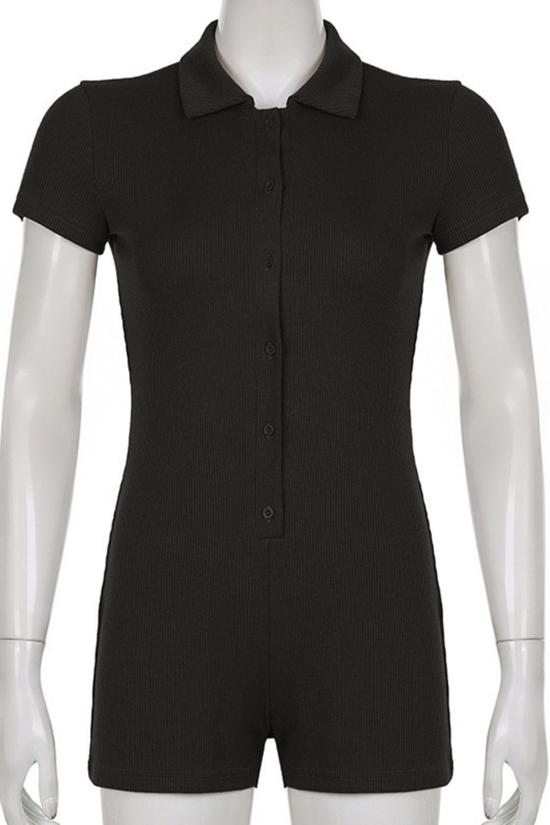 Solid Color Lapel Buttoned Ribbed Tight Casual Jumpsuit Basic Shorts