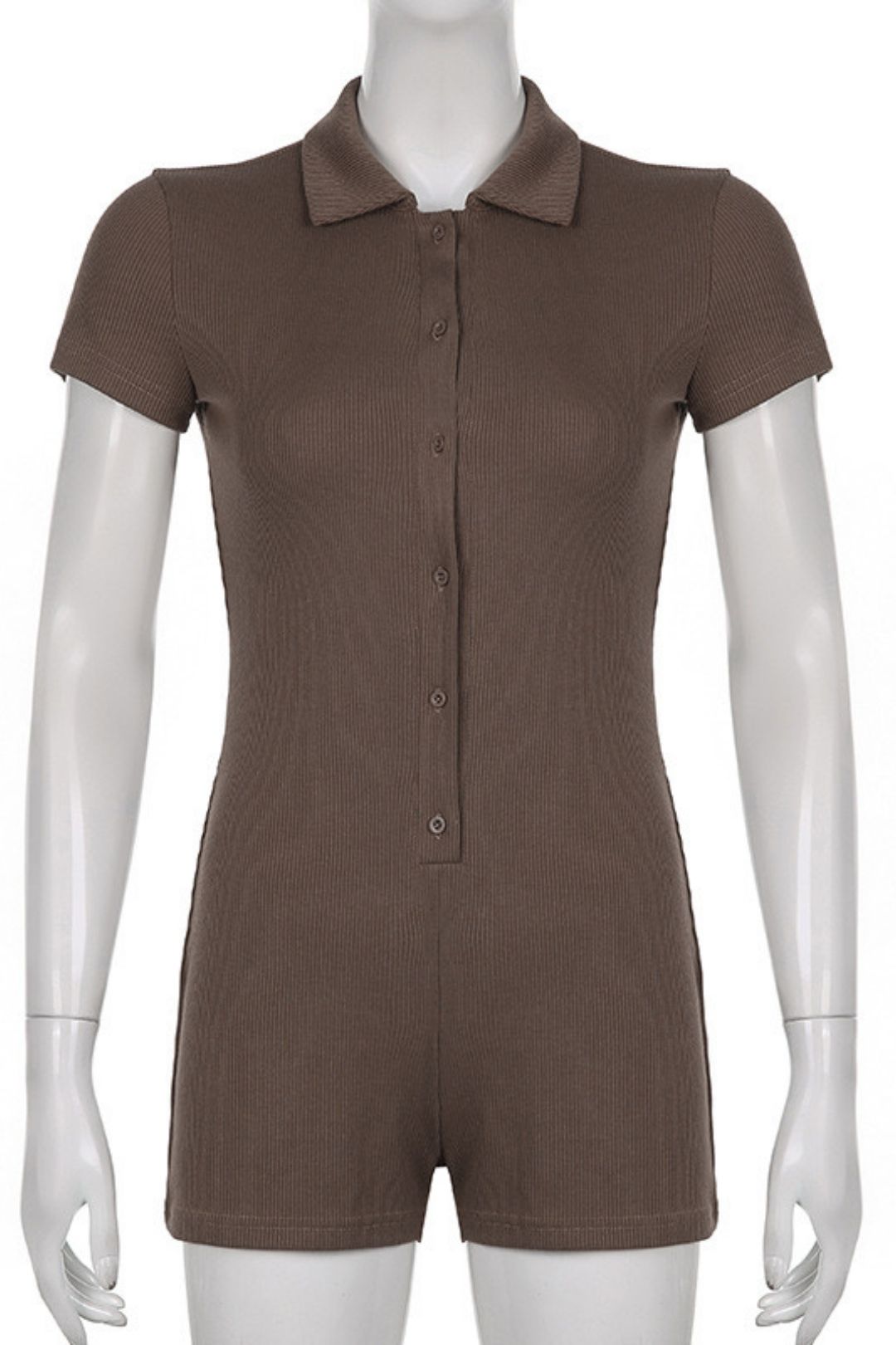 Solid Color Lapel Buttoned Ribbed Tight Casual Jumpsuit Basic Shorts