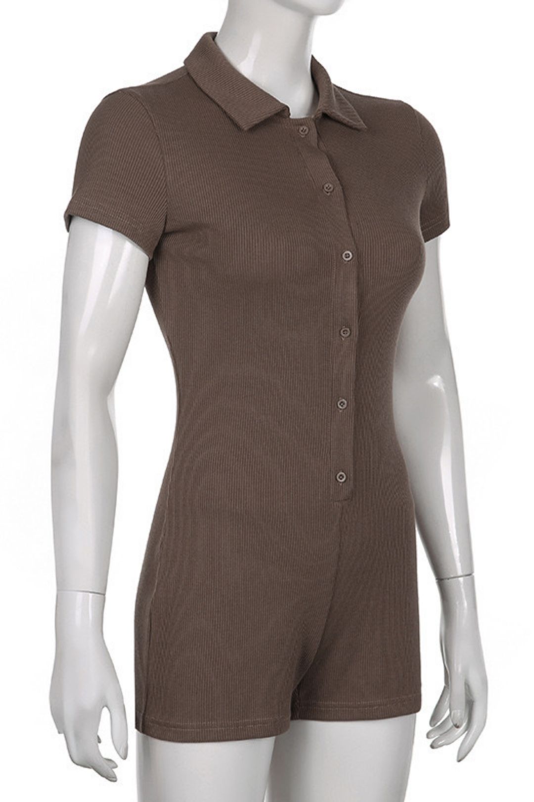 Solid Color Lapel Buttoned Ribbed Tight Casual Jumpsuit Basic Shorts