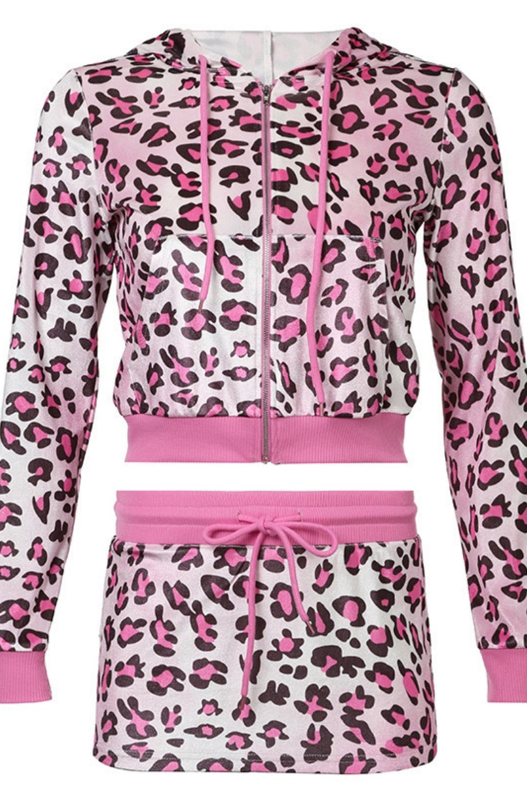 Winter Velvet Animal Print Hottie Hooded Crop Top Coat Mini Skirt Suit