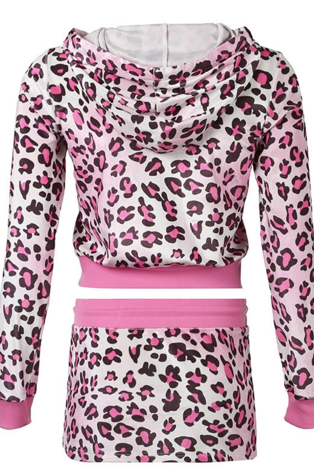 Winter Velvet Animal Print Hottie Hooded Crop Top Coat Mini Skirt Suit