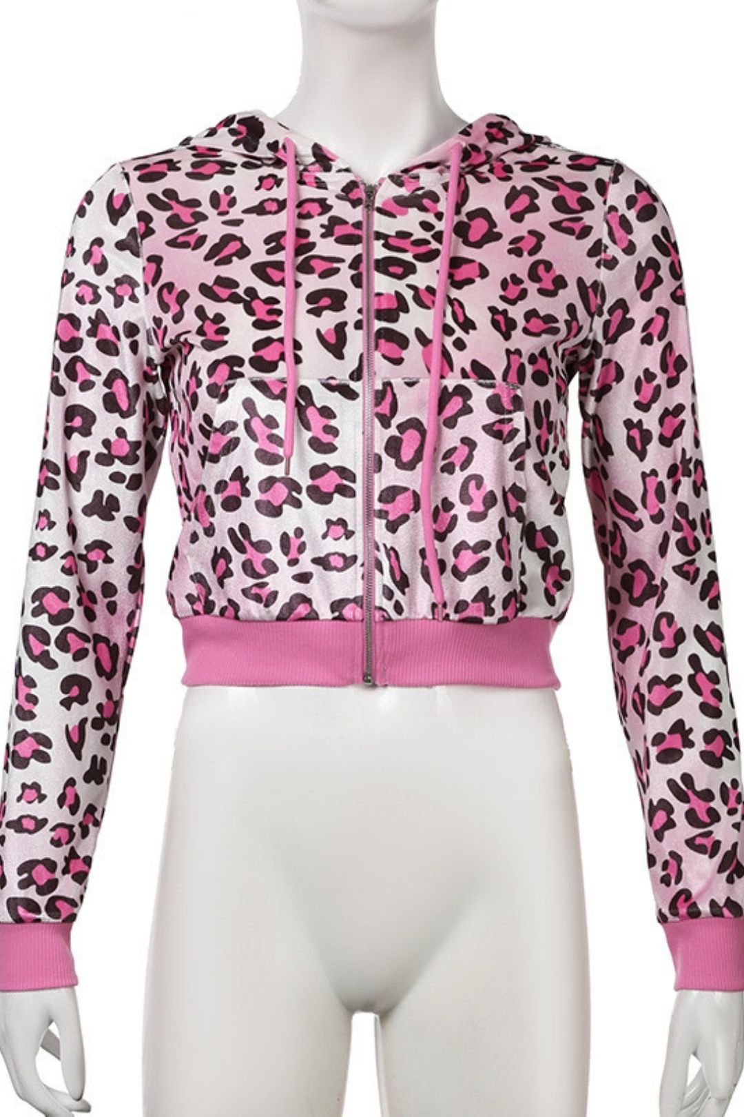 Winter Velvet Animal Print Hottie Hooded Crop Top Coat Mini Skirt Suit