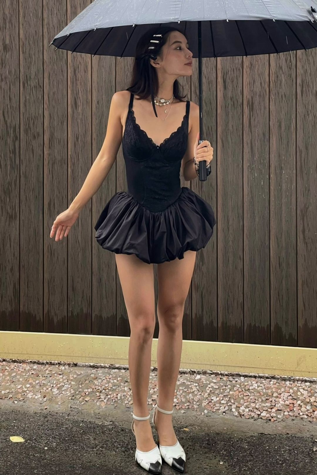 V-neck Lace Patchwork Waist A-line Bud Skirt