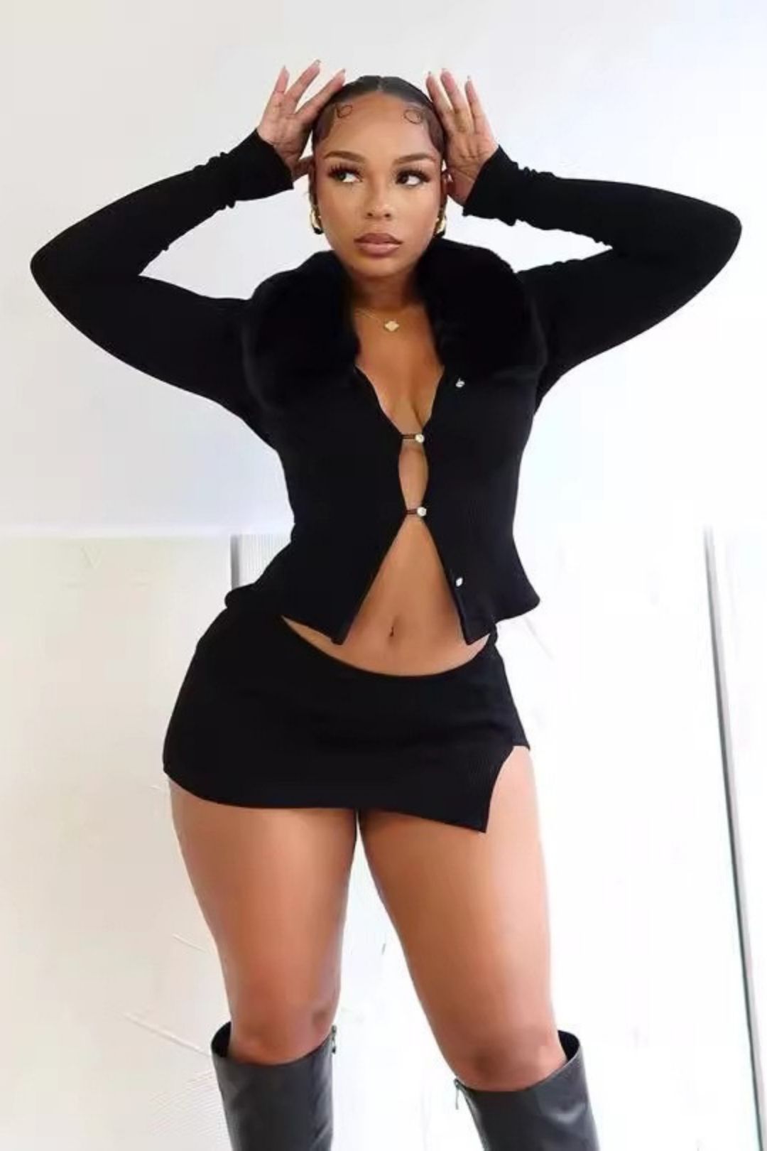 Long-sleeved Top Slit Skirt Suit Casual Two-piece Set