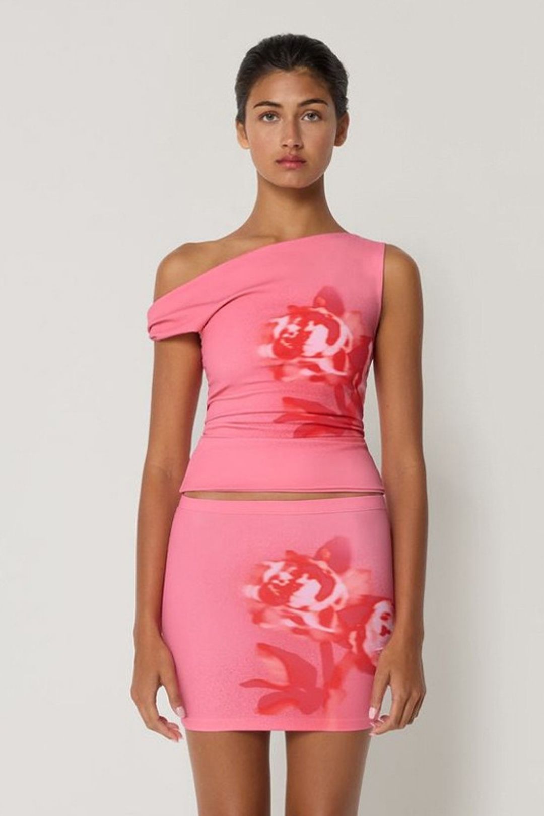 Flower Print Oblique Shoulder Slim Skirt Suit
