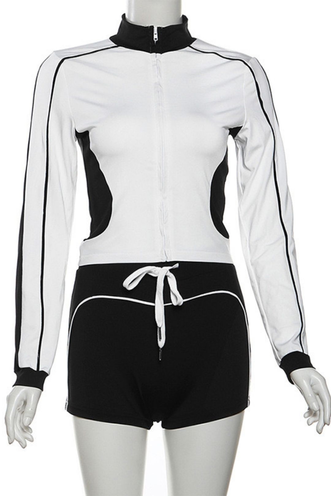 Stand-up Collar Stitching Contrasting Zipper Slim Sports Shorts Suit