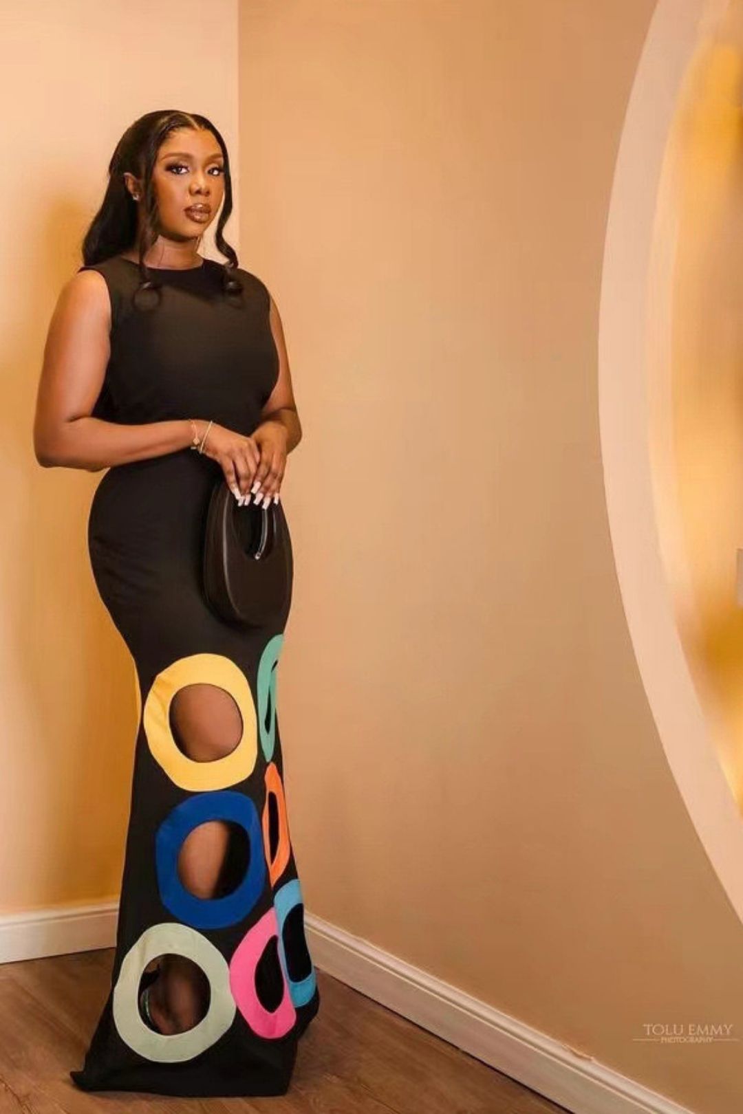 Round Neck Sleeveless Color-blocked Hollow Embroidered A-hem Long Dress