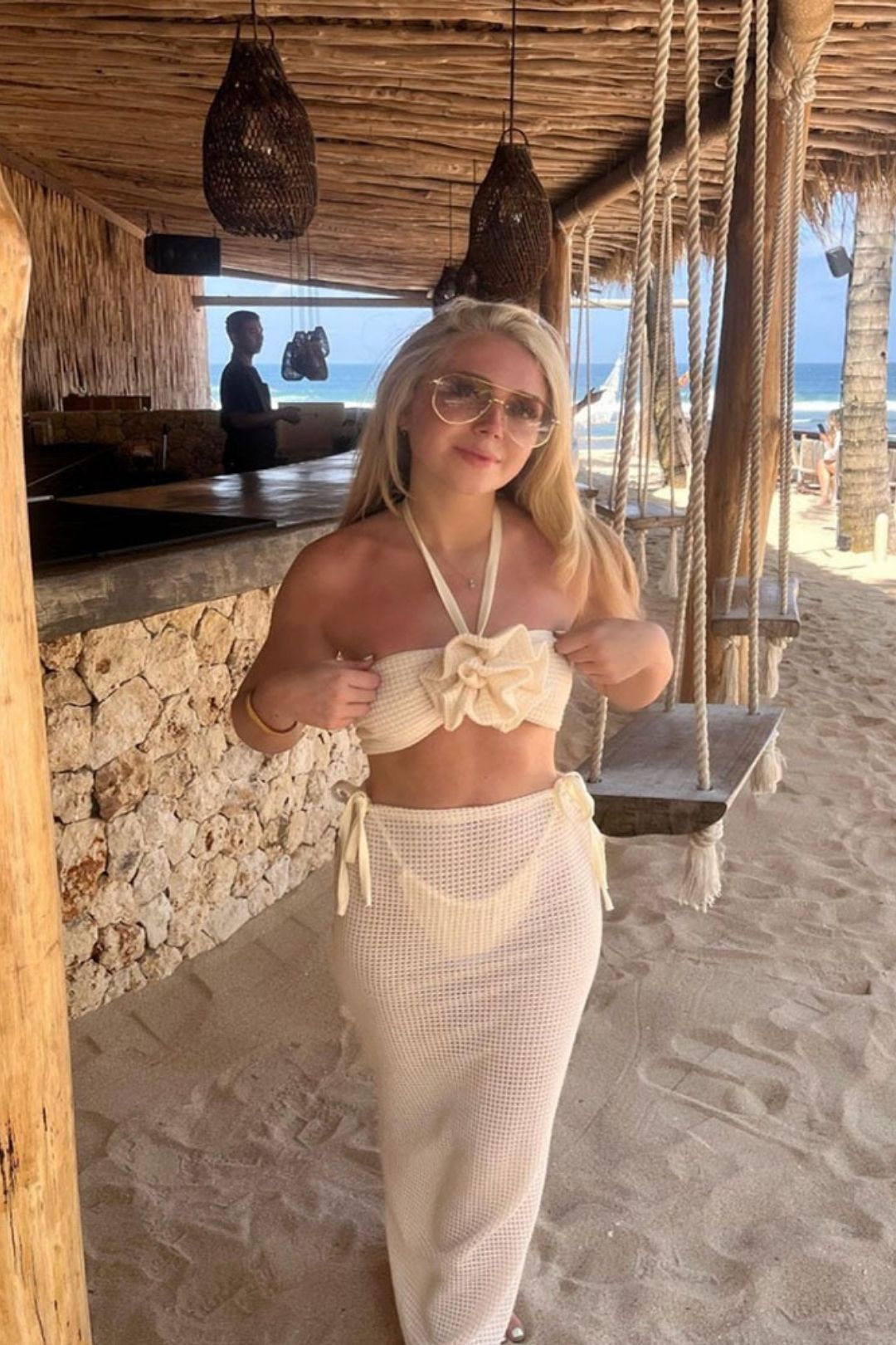 Sleeveless Tube Top Hanging Collar Knitted Slit High Waist Skirt Three-piece Set