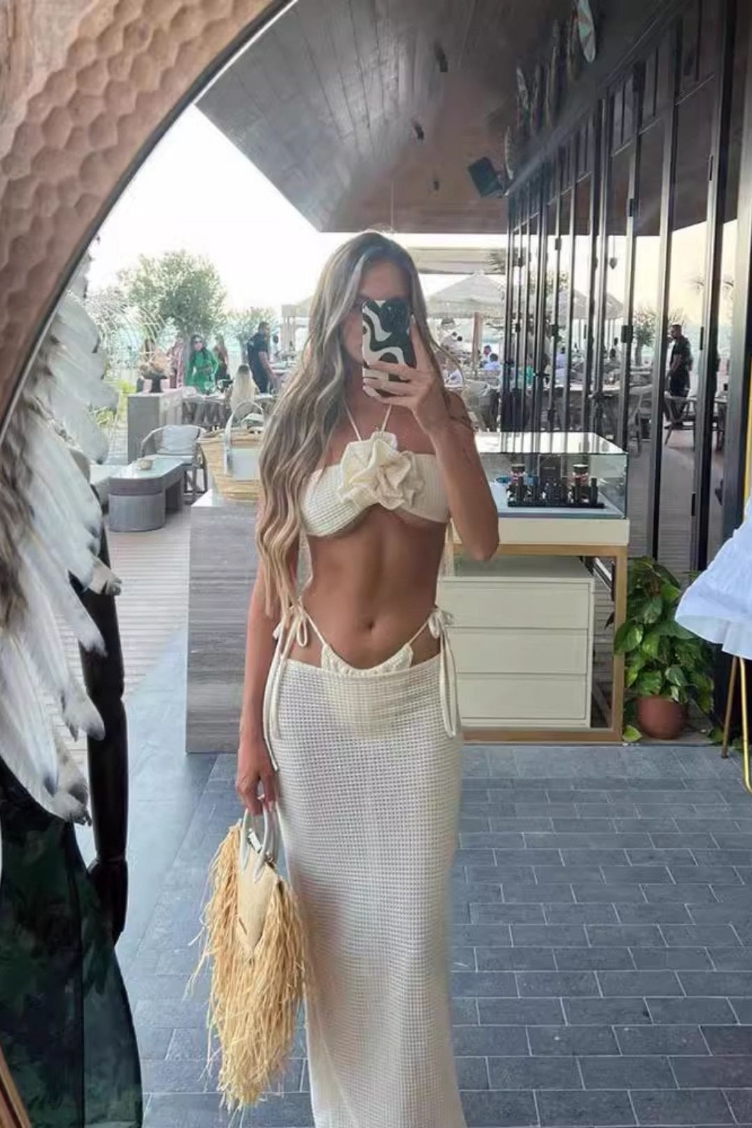 Sleeveless Tube Top Hanging Collar Knitted Slit High Waist Skirt Three-piece Set