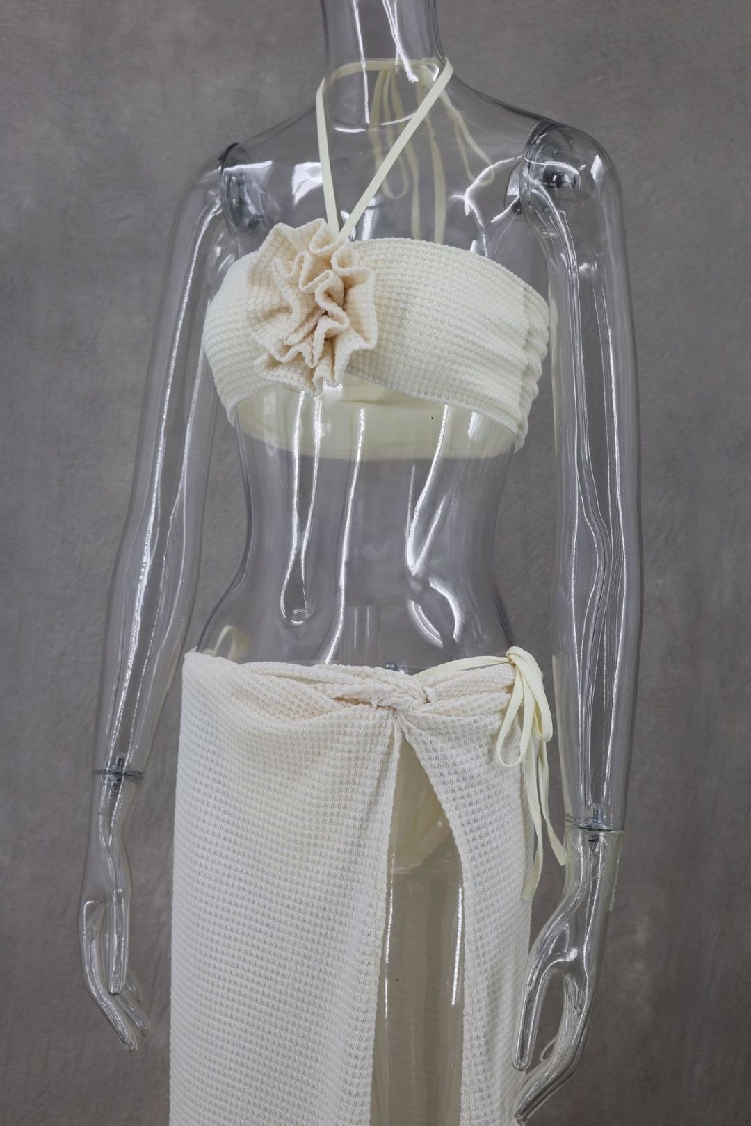 Sleeveless Tube Top Hanging Collar Knitted Slit High Waist Skirt Three-piece Set