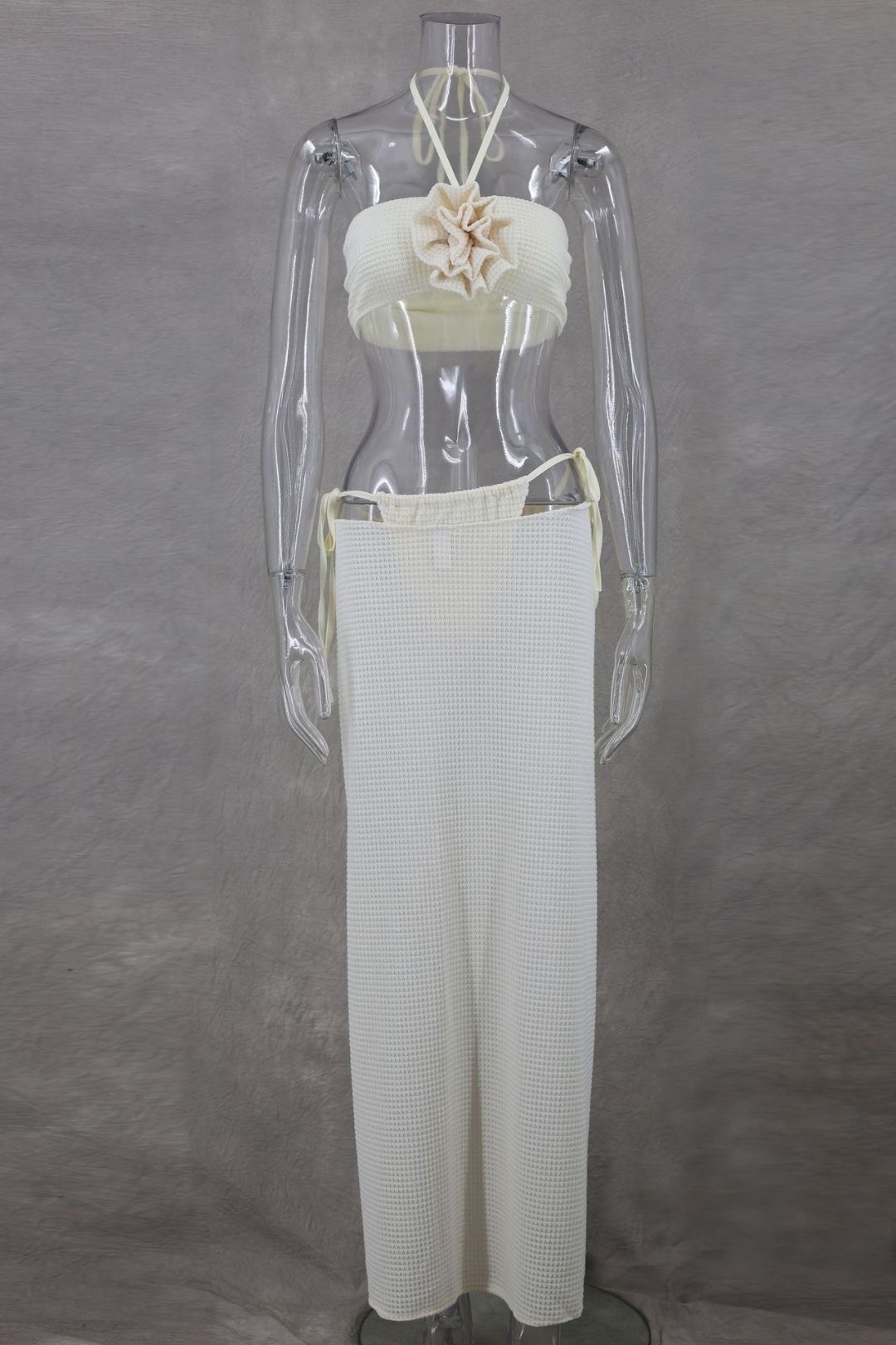 Sleeveless Tube Top Hanging Collar Knitted Slit High Waist Skirt Three-piece Set