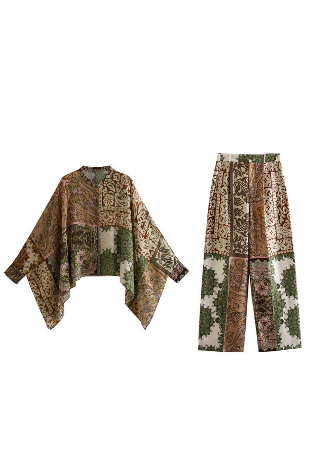 Style Patchwork Cape Shirt Printed Pants Suit