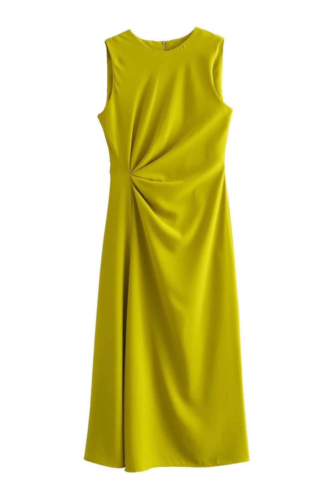 Solid Color Pullover Round Neck Sleeveless Side Pleated Midi Dress