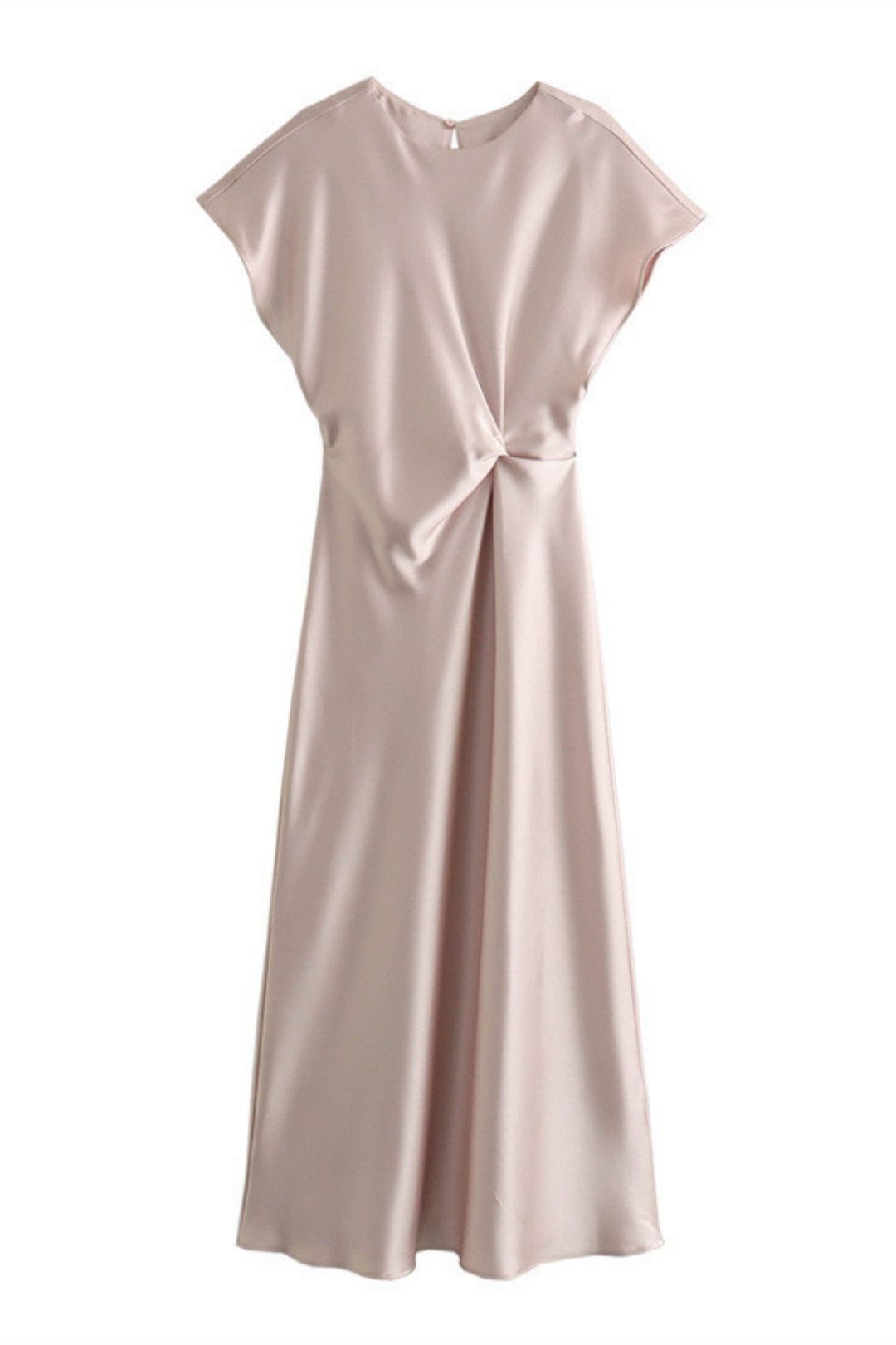 Solid Color Pullover Round Neck Short-sleeved Pleated Silk Satin Dress