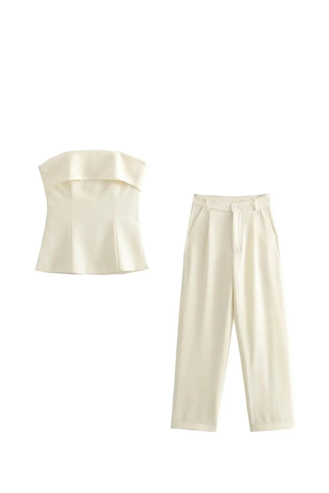 Sexy One-line Collar Cuffed Solid Color Versatile Tube Top + High-waisted Straight Trousers