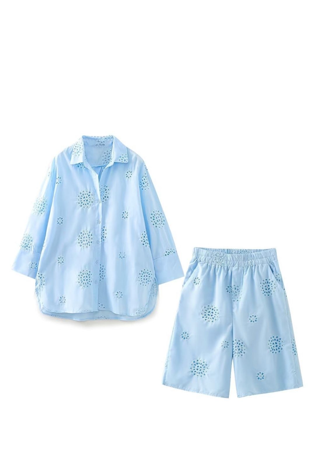 Long-sleeved Shirt Elastic Waist Shorts Suit