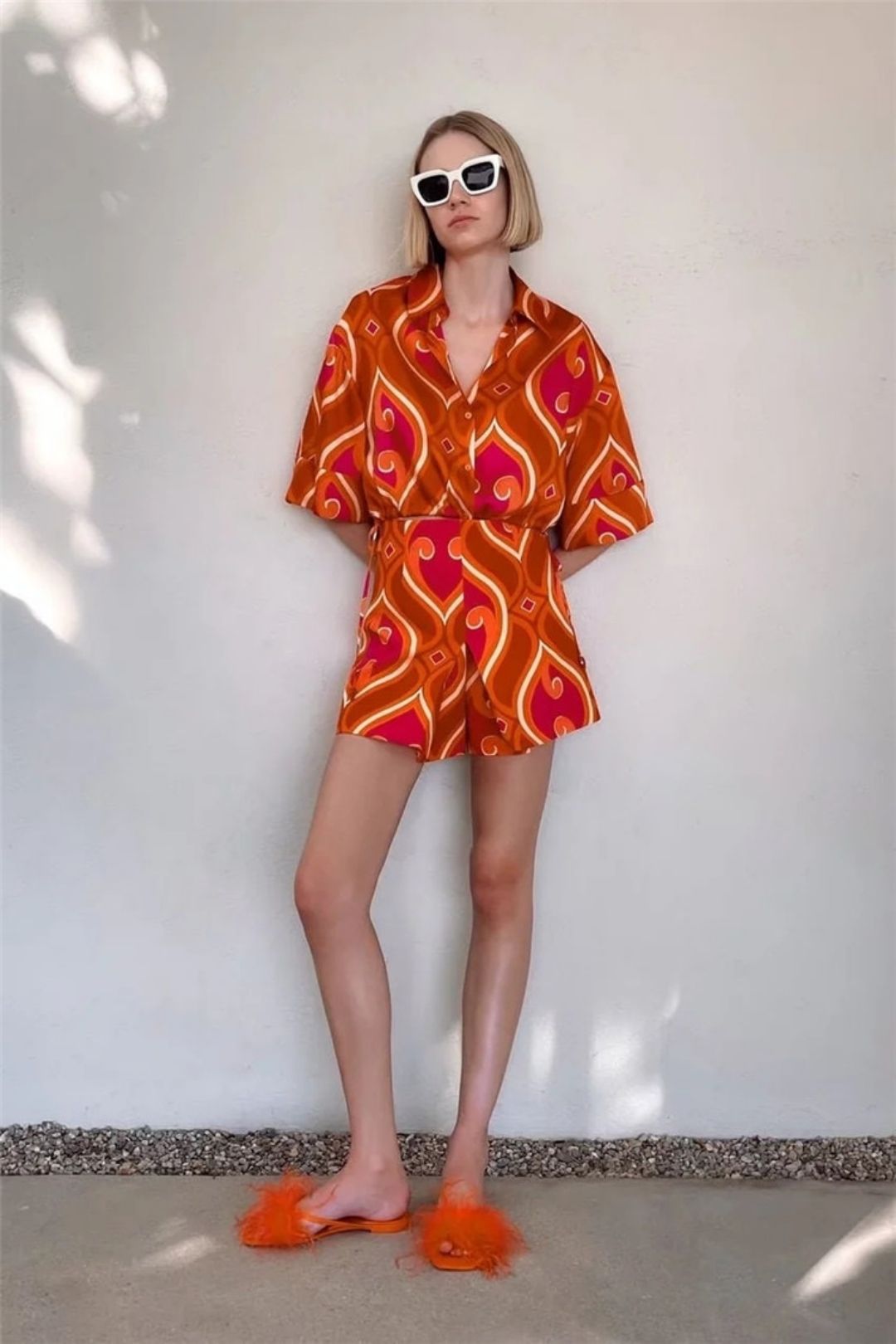 Summer New Casual Lapel Drawstring Red Shirt Shorts Suit