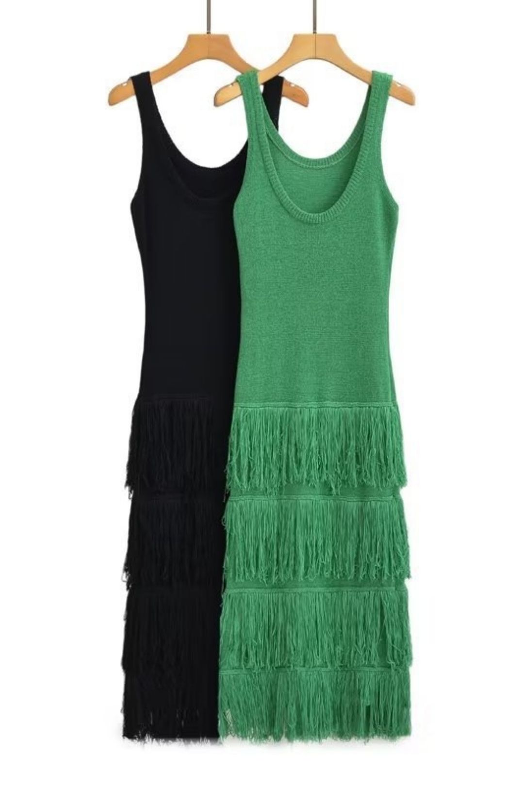 Solid Color Pullover U-neck Backless Tassel Trimmed Long Knitted Suspender Dress