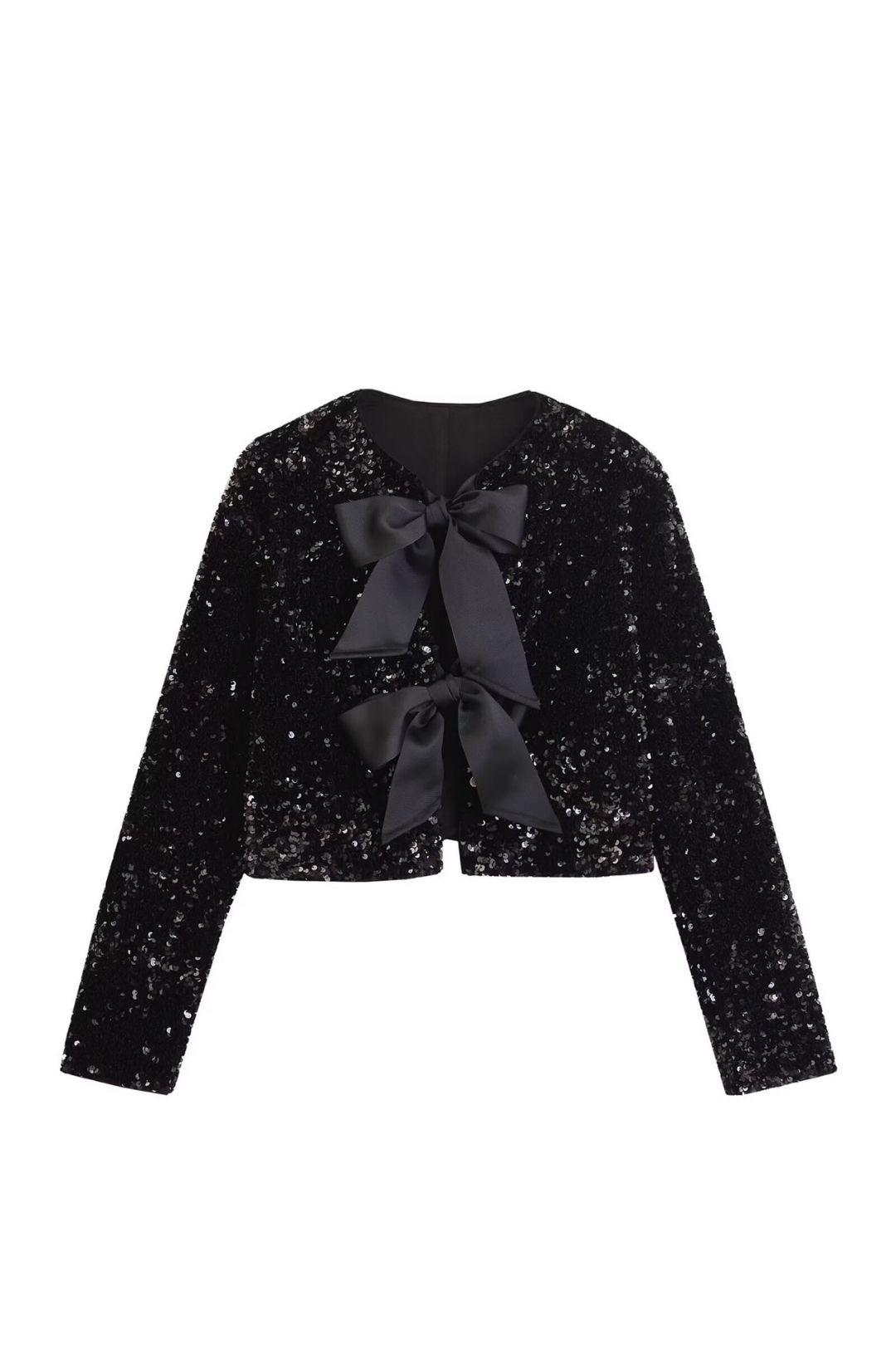 Versatile Round Neck Bow Decorated Long-sleeved Sequined Short Jacket