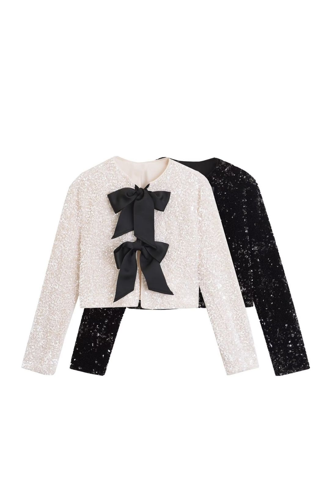 Versatile Round Neck Bow Decorated Long-sleeved Sequined Short Jacket