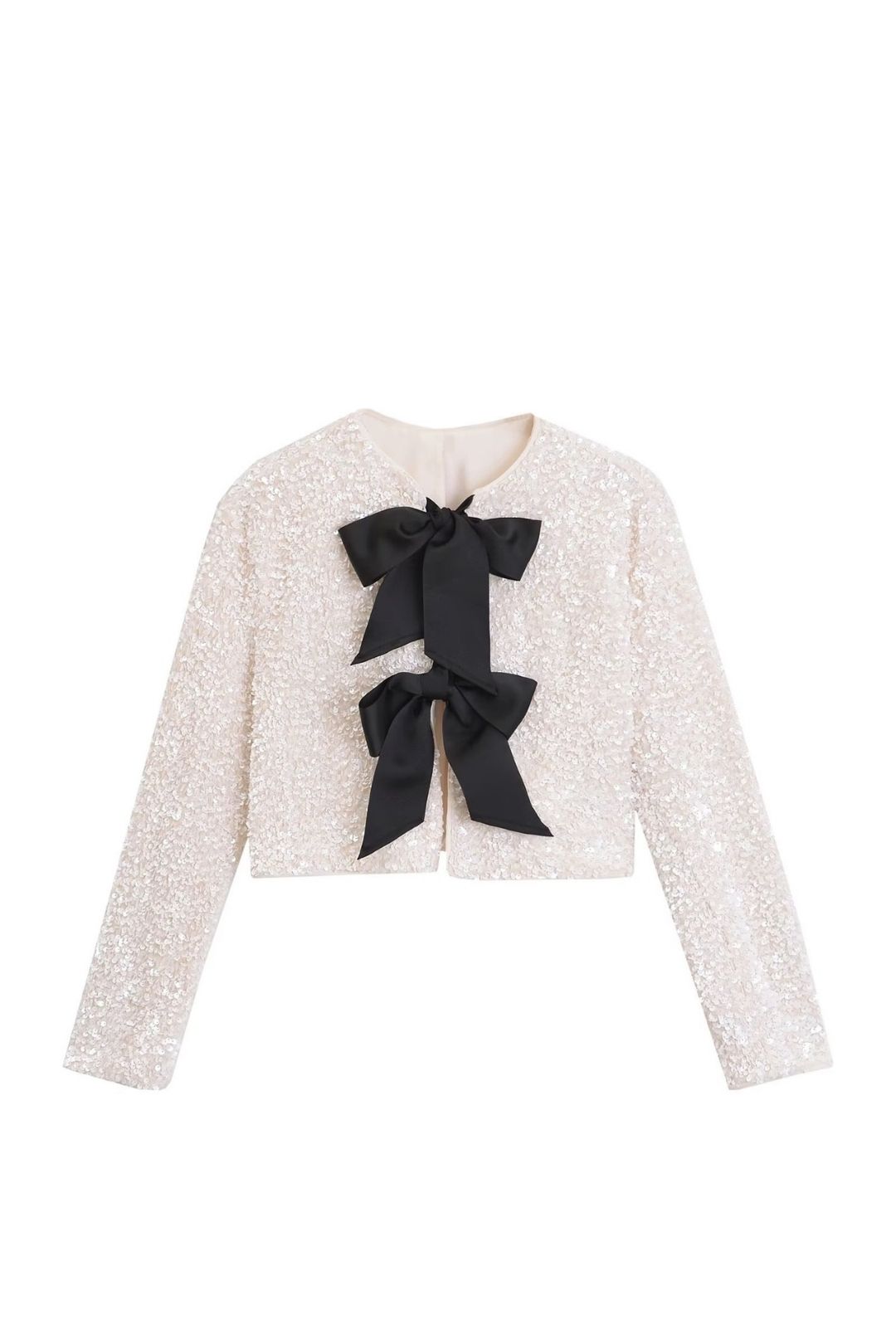 Versatile Round Neck Bow Decorated Long-sleeved Sequined Short Jacket