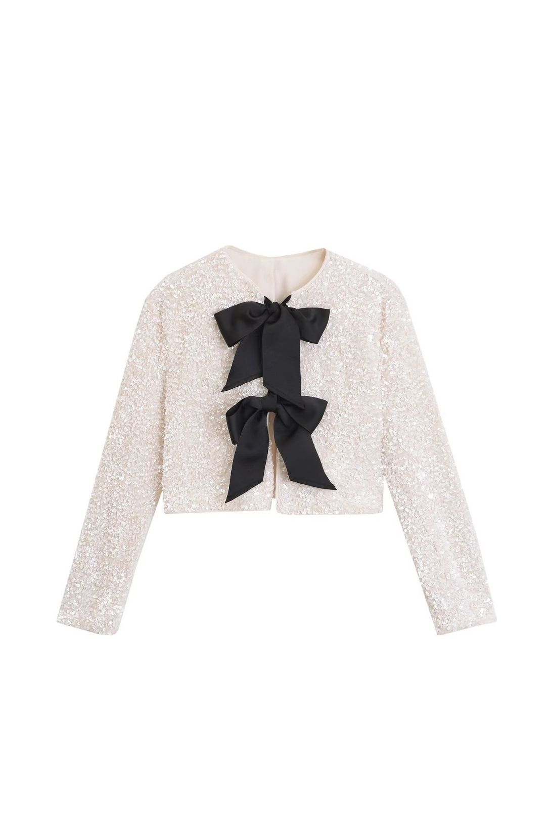 Versatile Round Neck Bow Decorated Long-sleeved Sequined Short Jacket