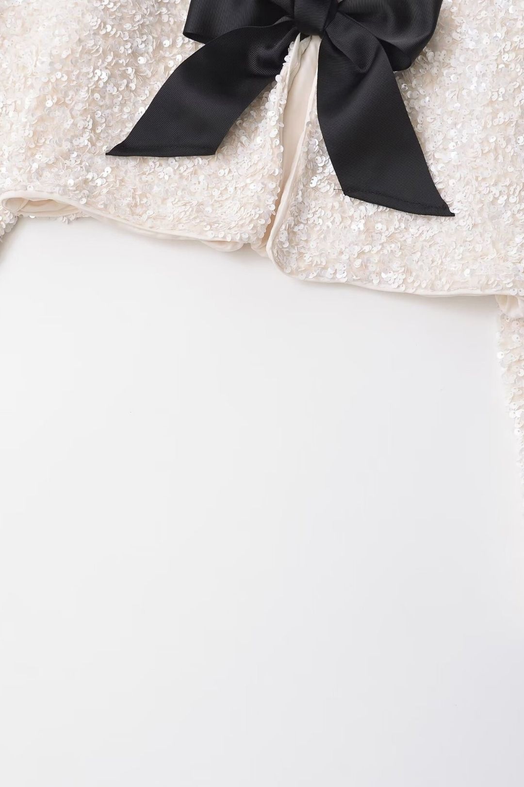 Versatile Round Neck Bow Decorated Long-sleeved Sequined Short Jacket