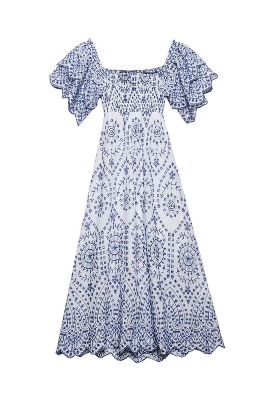 Neck Short-sleeved High-waist Embroidered Mid-length Dress