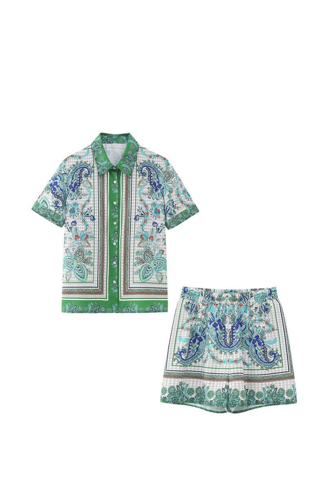 Lapel Printed Short-sleeved Elastic Band Shorts Suit