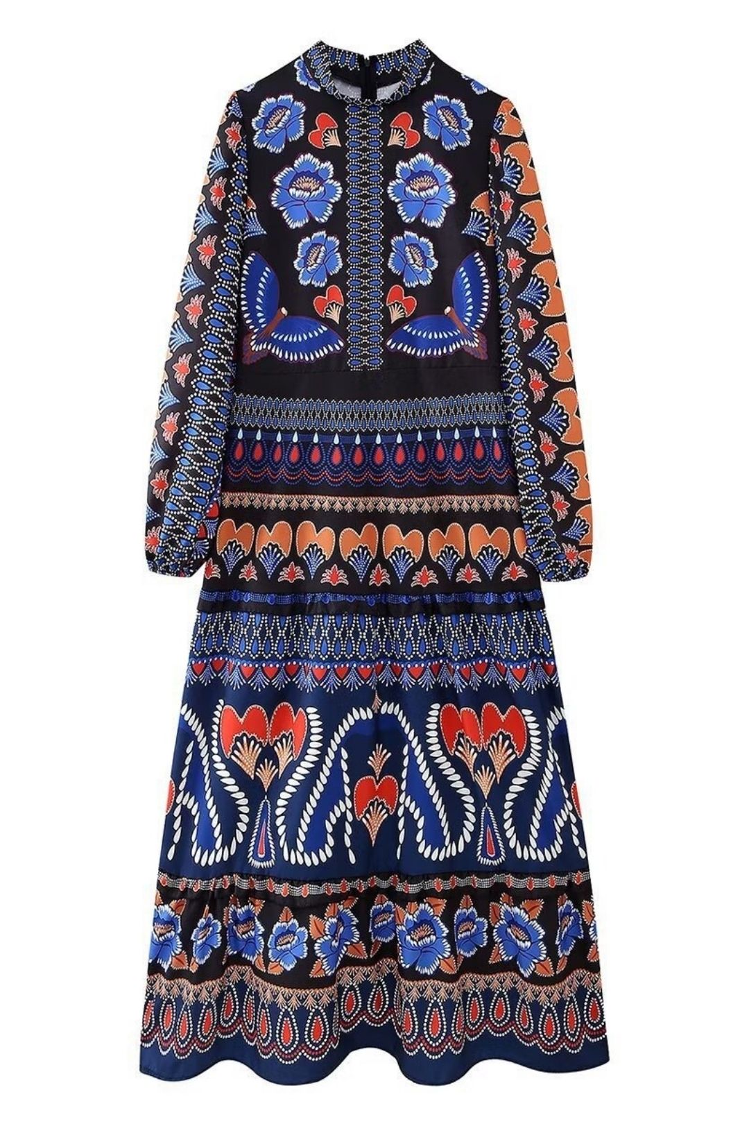 Round Neck Long-sleeved Mid-length Loose Printed Dress