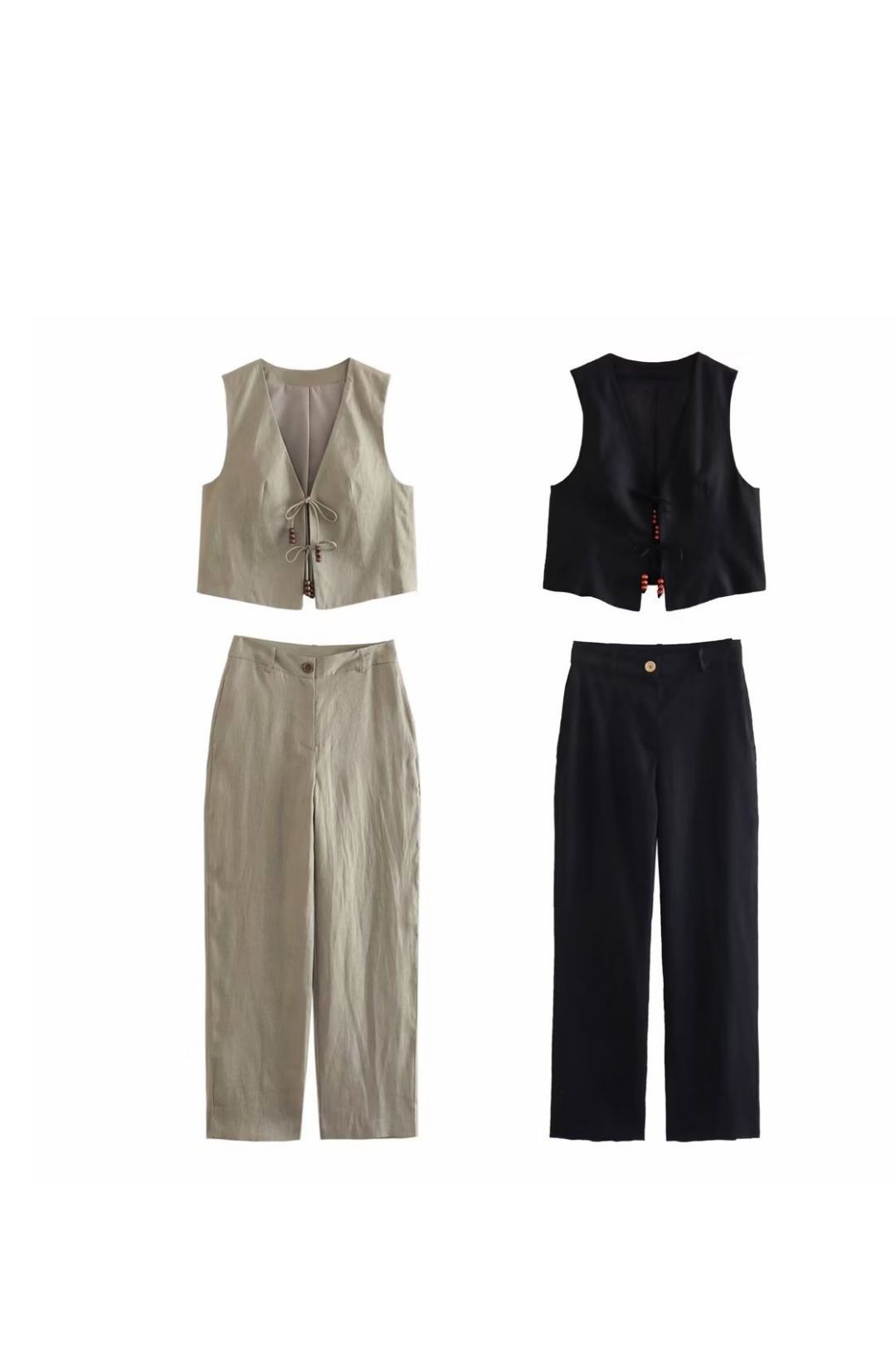 V-neck Beaded Design Sleeveless Vest Vest + Casual Pants Suit