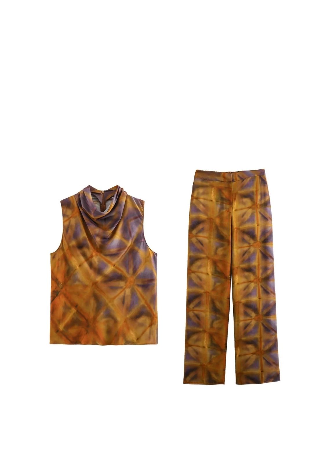 Satin Texture Pile Collar Top Straight Printed Trousers Suit